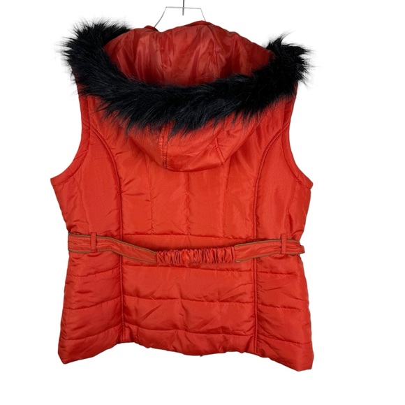 NEW Sporto Orange Rust XL Longline Quilted Jacket Vest Faux Fur Trimmed Hood - Picture 7 of 14